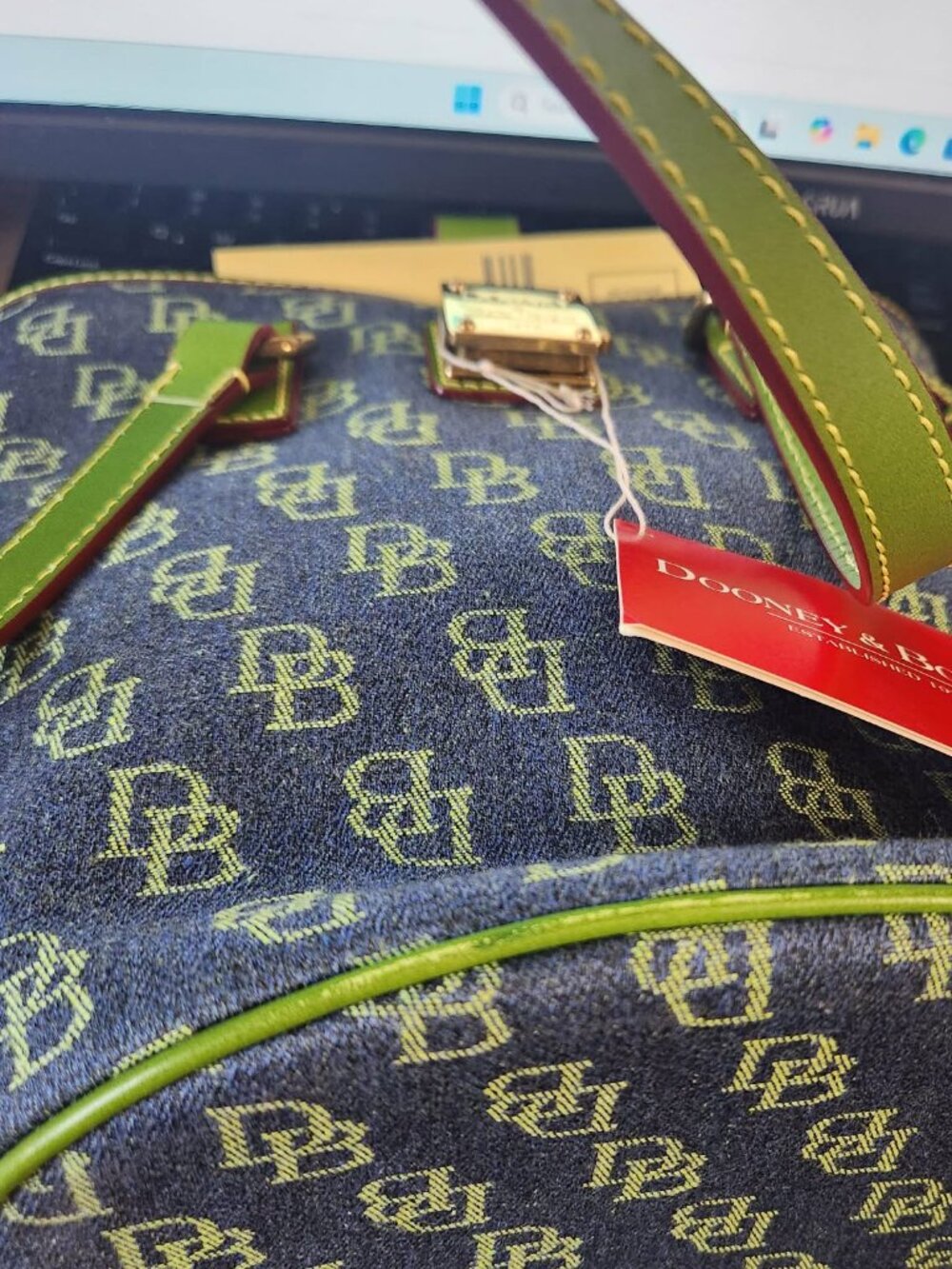 Dooney Bourke North South Bucket Bag Blue Denim Green Purse Handbag Shoulder Bag - Picture 15 of 16